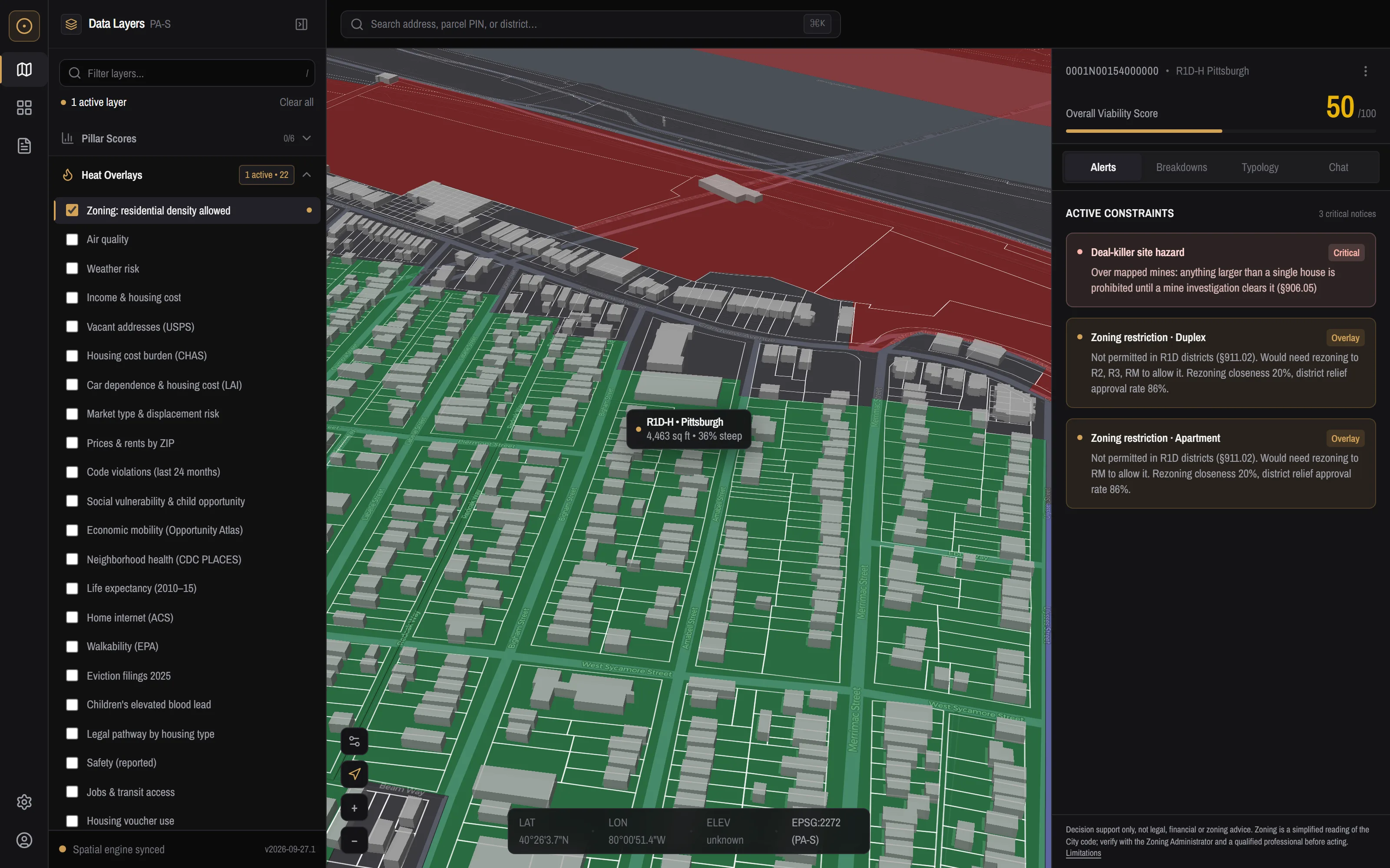 Yinzone explorer with the demo parcel selected, showing overall viability score and critical alerts